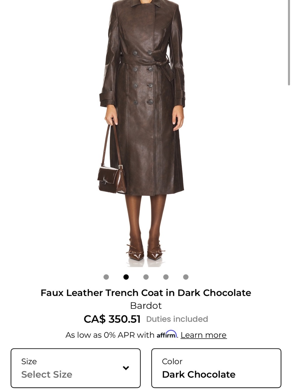 Bardot Dark Chocolate Faux Leather Longline Trench Coat
